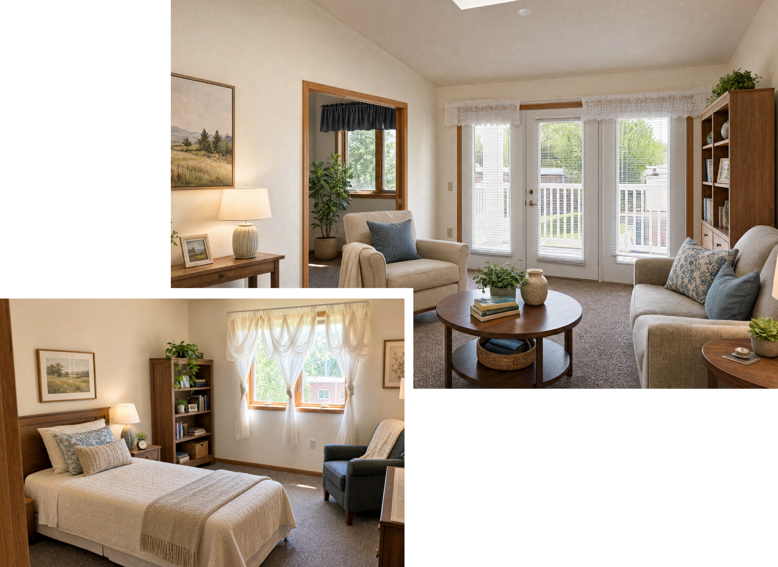 A cozy assisted living apartment with a living room featuring a beige sofa, armchair, coffee table, and large windows with blinds, leading to a balcony. The bedroom has a bed with pillows, a nightstand with a lamp, and a window with curtains, creating a warm and inviting atmosphere.