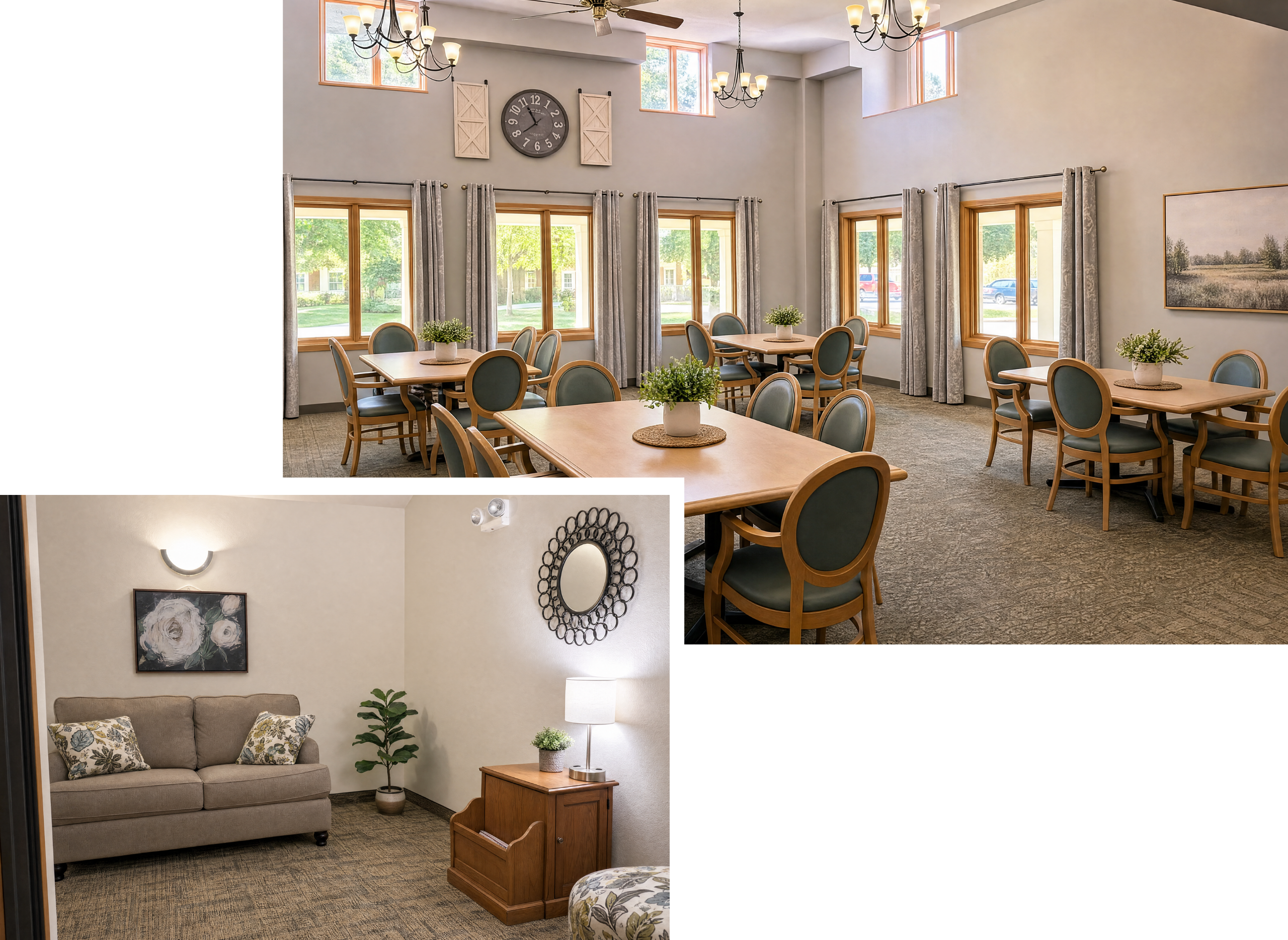 A bright, spacious dining area with multiple tables surrounded by chairs, large windows letting in natural light, and ceiling fans. An adjacent cozy sitting area has a beige sofa with floral pillows, a small wooden side table with a lamp and potted plant, a wall mirror, and decorative artwork.