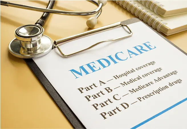 A clipboard with a Medicare document listing parts A through D, with a stethoscope placed on top and notebooks in the background.