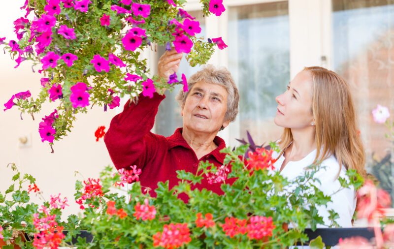 An elderly woman and a young woman are tending to pink and red flowering plants outdoors. The elderly woman is reaching up to touch a hanging pink flower, while the young woman looks on with a smile.